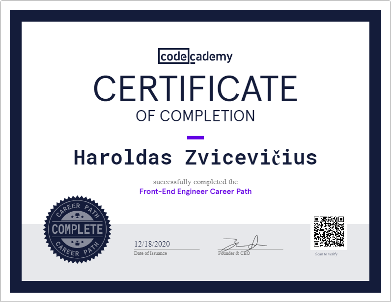 Codecademy certificate of completion